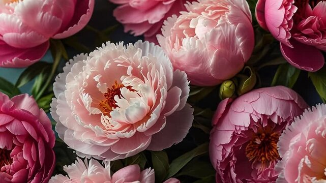 A close-up of blooming pink peony flowers. A dense floral arrangement with delicate petals. Elegant spring nature background for a wedding or celebration