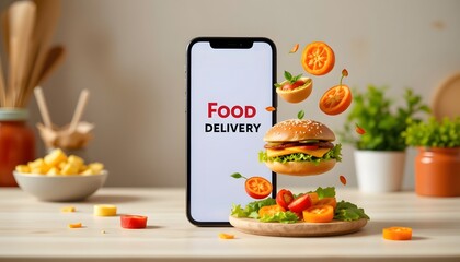 food delivery branding concept, smartphone and floating meals, modern style