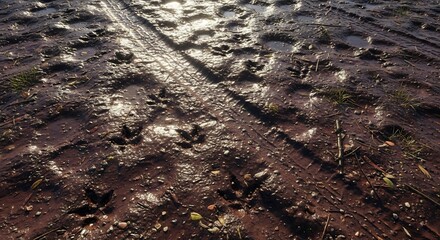 Muddy ground with tire tracks and animal footprints, reflecting sunlight on a wet, uneven surface.