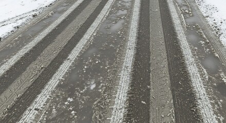 Muddy road with deep tire tracks and patches of melting snow creating puddles, suggesting difficult winter driving conditions