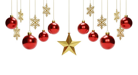 Decorative 3D Christmas mobile with hanging red spheres and yellow stars on black arched frames isolated on white background