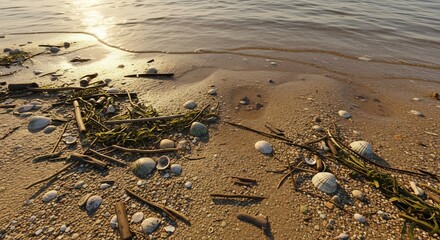Natural beach debris, including weathered driftwood, sea shells, and seaplant, scattered on wet sand with gentle waves lapping the shore at sunset.