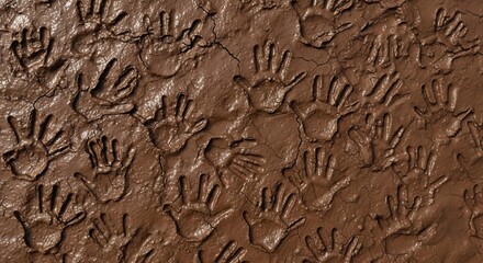 Numerous handprints pressed into modified softwareed, wet, brown mud, creating a textured pattern with a sense of history and human presence.