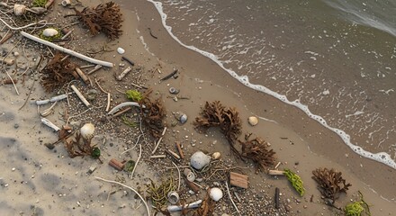 Ocean waves gently wash over a sandy beach littered with natural debris, including seaplant, driftwood, and shells.