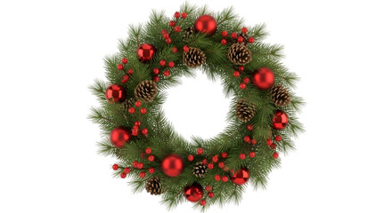 Green spruce Christmas garland with mixed red, silver, and blue ornaments and pine cones isolated on white background