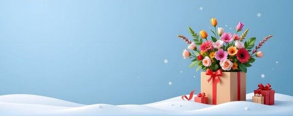 christmas gift and flower delivery illustration, modern 3d style, minimal background