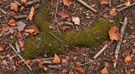 Overhead view of a forest floor covered in viintimate apparelnt green moss, decaying brown leaves, and scattered twigs and pine needles.