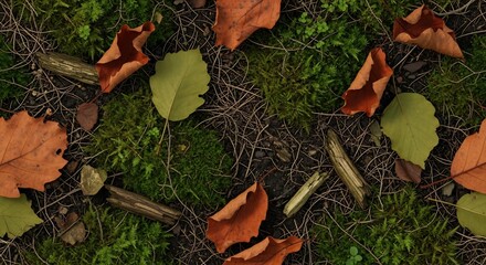 Overhead view of a forest floor with lush green moss, fallen dry brown leaves, and small twigs.