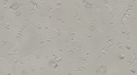 Paleontology background with fossilized imprints of shells, ammonites, and aquatic organisms in light gray textured surface