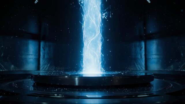 A vibrant blue energy beam erupts from a circular platform in a dark chamber