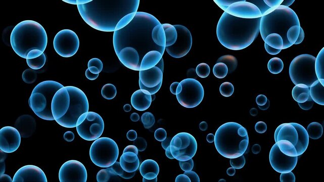 Abstract Neon Blue Soap Bubbles Floating Upwards in Dark Space Loop