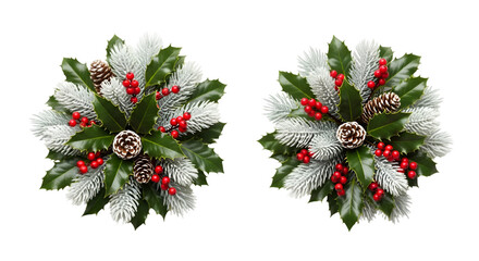 Two Circular Christmas Wreaths with Frosted Fir Branches Red Holly Berries and Pinecones Isolated on White Background