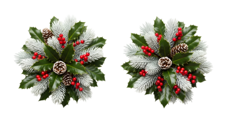 Two Circular Christmas Wreaths with Frosted Fir Branches Red Holly Berries and Pinecones Isolated on White Background
