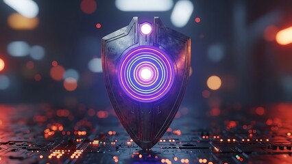 Futuristic shield with purple and blue neon lights on circuit board