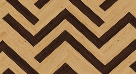 Seamless herringbone pattern of light wood grain and dark wood planks, creating a classic geometric floor design