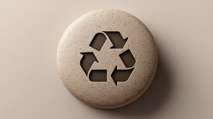 Recycling symbol carved into a stone button, representing circular economy and environmental sustainability, with a neutral background, perfect for eco-friendly concepts and design projects