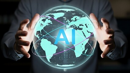 Man holding glowing blue globe with A I and pink lines hands earth