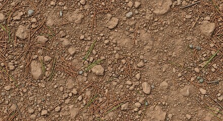 Seamless texture of dry, brown earth mixed with scattered pine needles and small pebbles, creating a natural ground surface.