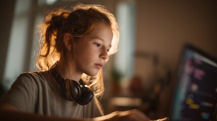 Young girl with headphones concentrating on laptop screen in a dimly lit room with warm backlight and cinematic bokeh.