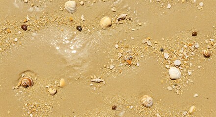 Seashells and pebbles scattered on wet sandy beach with gentle waves lapping the shore