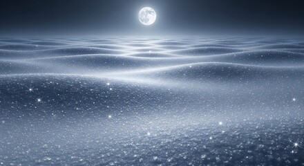 Serene winter landscape under a full moon with gentle snowdrifts and sparkling ice crystals.