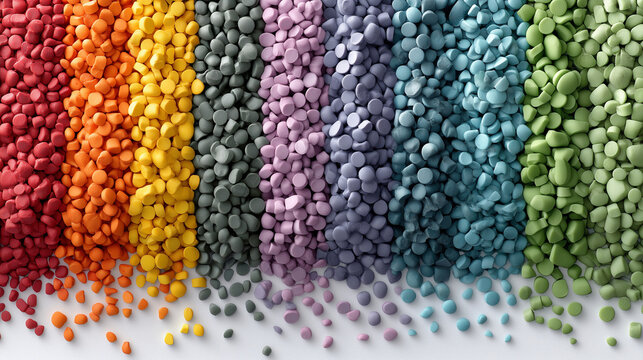 Colorful array of small, round, recycled plastic pellets arranged in a rainbow spectrum, representing circular economy and sustainable technology, ideal for eco-friendly design and environmental