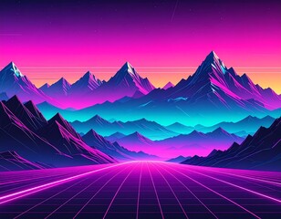 Digitally created neon landscape with mountains and perspective grid