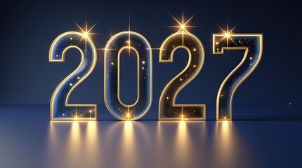 Happy New Year 2027 Golden Numbers with Sparkling Fireworks on Dark Blue Background