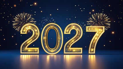Happy New Year 2027 Golden Numbers with Sparkling Fireworks on Dark Blue Background