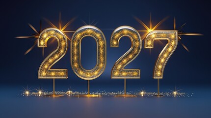 Happy New Year 2027 Golden Numbers with Sparkling Fireworks on Dark Blue Background