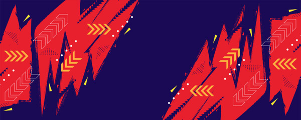 Dynamic Abstract Banner with Red Energy Zig Zag Shapes in Brush Style with Yellow Arrow Shapes on Blue Background. For Sport, Race, Music, or Fight Match and Event Banner or Poster Design