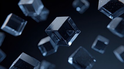 Floating, clear cubes with light reflections against a dark backdrop