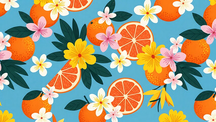 A vibrant pattern of oranges and flowers on a blue background viewed from directly above