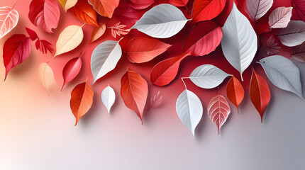 Colorful Leaves Composition with Vibrant Red and White Hues on Gradient Background, Abstract Botanical Design Featuring Textured Leaves, Smooth Edges and Delicate Veins, Warm Autumn Palette with Depth
