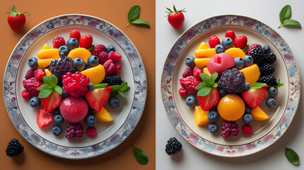 Vibrant Dessert with Assorted Fresh Fruit on Decorative Plate, Overhead Flat Lay Food Photography, Warm Appetizing Background, Rich Colors and Textures, Minimalist White Background Variant, Visually A