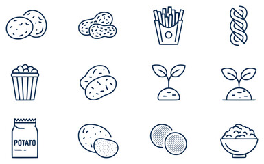 Collection of simple depicting potato growth and products seedling sprout