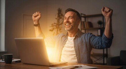 Happy man celebrating success and triumph in front of laptop with shining light. Achievement concept, victory idea.