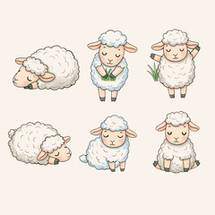 Naklejka premium Cartoon sheep illustration set with cute funny farm lamb characters