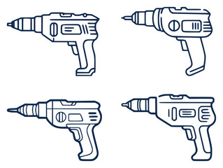 Hand drawn style electric drill in navy blue outline white background tool