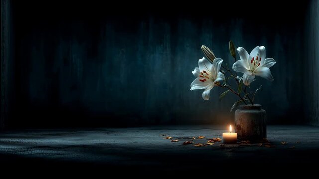 White lilies and burning candle, representing mourning and remembrance.