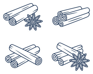 Navy blue outline of cinnamon sticks and star anise spice a white background ingredient