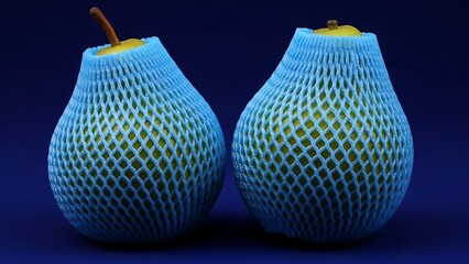 Two green pears in blue netting on dark blue background fruit produce