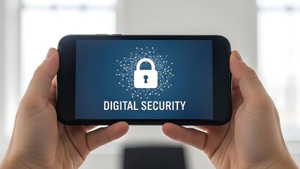 Hands holding smartphone with digital security padlock on screen