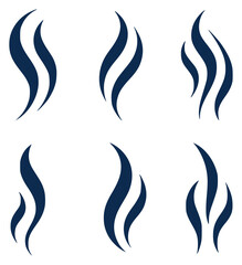 Set of dark blue abstract wavy lines and wisps white background swirl wave