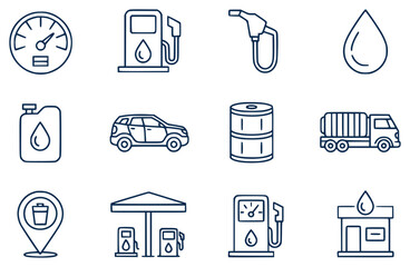 Set of fuel and gas station including gas pump car fuel drop and truck