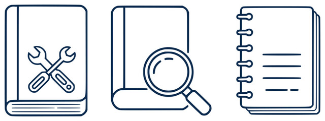 Set of simple representing a manual with wrenches a book with a magnifying glass and a notebook with lines