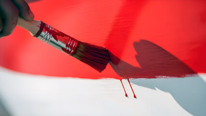 A painter's hand applies a vibrant, rich red paint with a wide brush to a white surface, a concept for renovation, artistic creativity, and a change of image.