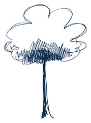 Simple hand drawn dark blue tree with scribbled foliage and trunk