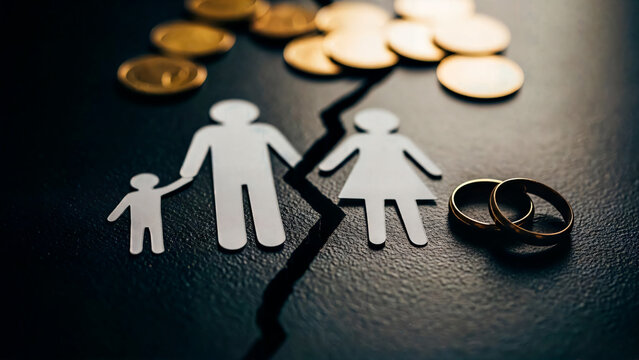 Paper figures of a family separated by a divorce crack on a dark background next to wedding rings and gold coins, a concept of property division and family disputes