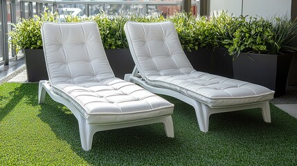 Two white chairs rest upon a green lawn